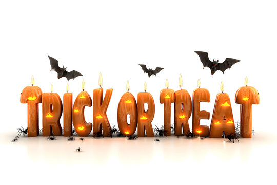 HALLOWEEN 3D carved pumpkin letters glowing with candles, bats, spiders and cobwebs on white. Spooky, Creepy, October vibe — Trick or Treat, Boo! Happy Halloween clipart.