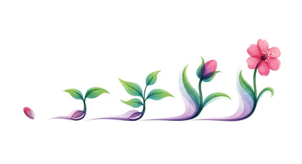 A visual representation of a plant's life cycle, showing the stages of growth from a tiny seed to a beautiful pink flower in full bloom.