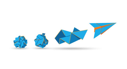 Evolution of origami models, starting with a crumpled shape and ending with a paper airplane.