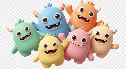 A group of six colorful, cartoonish monsters with horns, big eyes, and friendly smiles, posing together.