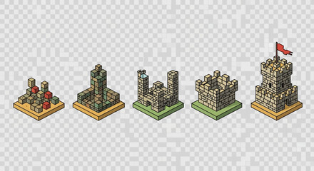 A progression of pixel art castles, from simple block structures to a fully formed fortress with a flag.