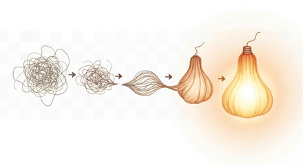 Visual metaphor of an idea's evolution from tangled thoughts to a clear, glowing solution.