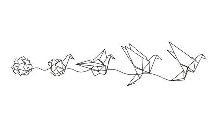 Evolution of origami paper crane, from crumpled ball to flying bird, line art.