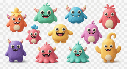 A group of six colorful, cartoonish monsters with horns, big eyes, and friendly smiles, posing together.