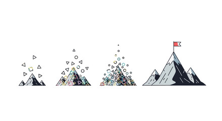 A visual representation of progress and achievement, showing abstract shapes building into a mountain with a flag on its peak.