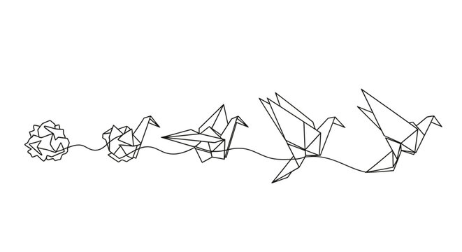 Evolution of origami paper crane, from crumpled ball to flying bird, line art.