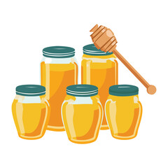 Simple Stack of Glass Jars Filled with Golden Yellow Honey, Ready for Retail or Home Pantry Storage - Vector Illustration