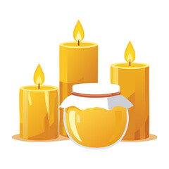 Group of Yellow Lit Candles and Glass Jars of Golden Honey, Creating a Warm and Sweet Ambiance - Vector Illustration