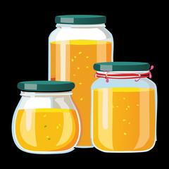 Group of Wide-Mouth Glass Jars Filled with Rich Golden Honey, Showing Different Volumes and Shapes - Vector Illustration