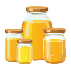 Assortment of Various Glass Jars Filled with Golden Honey and Darker Jam/Syrup, Ready for Consumption or Retail - Vector Illustration