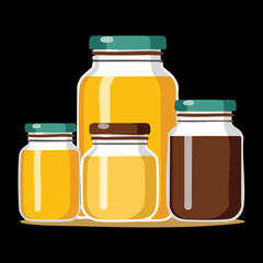 Assortment of Various-Sized Glass Jars Filled with Golden Honey and Dark Jam, Stacked for Storage - Vector Illustration