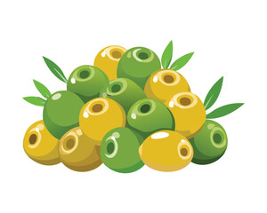 A delightful, vibrant heap of large, whole green olives with fresh leaves, excellent for cooking or a gourmet snack - Vector Illustration