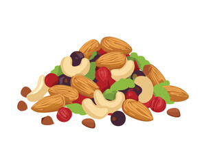 A large, appealing mound of assorted nuts, berries, and seeds including cashews, almonds, and cranberries perfect for a healthy trail mix - Vector Illustration