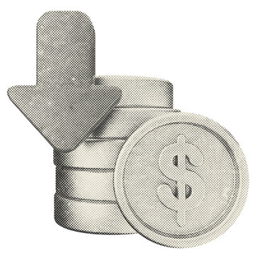 3d decrease coin dollar icon illustration halftone style