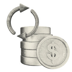 3d refund coin payment icon illustration halftone style