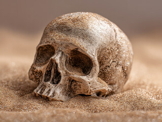Naklejka premium Human skull partially buried in fine golden sand with sparkling grains highlighting the textured surface under soft natural lighting