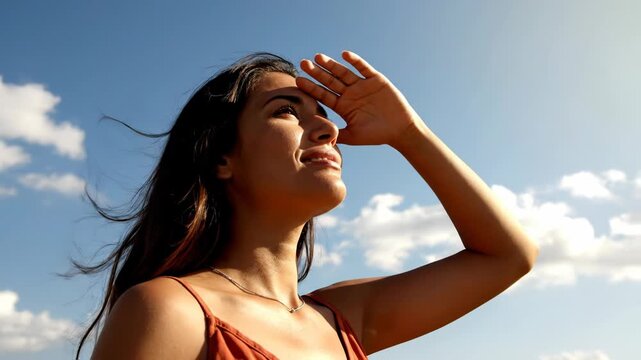 Woman looking up towards the sun, shielding her eyes with her hand vector illustration