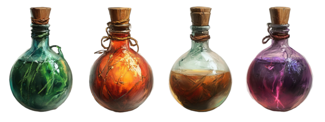 Four glass potions filled with colorful liquid