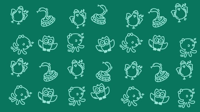 Doodle Animal Pattern with Snakes Owls Birds and Octopuses