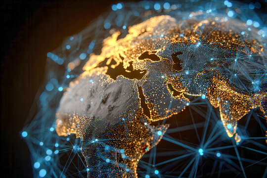 Digital 3d globe focused on Africa, Europe, and Asia with glowing cities and interconnected data points representing global technology and communication networks - Powered by Adobe