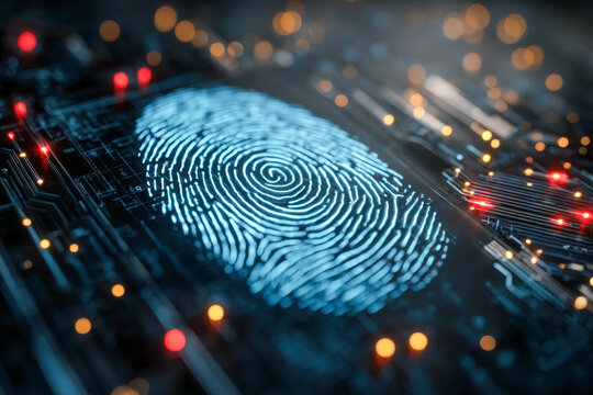 Digital fingerprint glowing on a futuristic circuit board representing advanced biometric security and identity verification technology in cyber systems