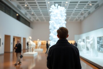 Generative AI observing abstract art installation in modern museum