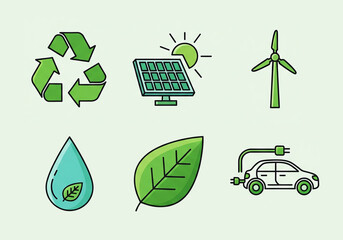 Set of eco-friendly green energy icons including recycling, solar panel, wind turbine, water drop, leaf, and electric car for sustainable future