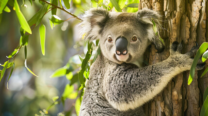 Koala clinging to tree with green leaves