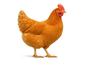 Fototapeta premium Brown hen standing, looking at viewer, farm animal, poultry, livestock, domestic bird with comb and wattle