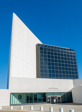 Boston, MA - US - Oct 2, 2025 The John F. Kennedy Presidential Library and Museum, a modernist building with a striking white facade and glass atrium.