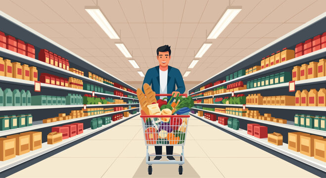 Happy man grocery shopping pushing a cart full of fresh food at the supermarket, stocking up essentials for a healthy and delicious meal at home