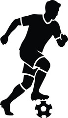 Silhouette of a soccer player dribbling a ball on a white background