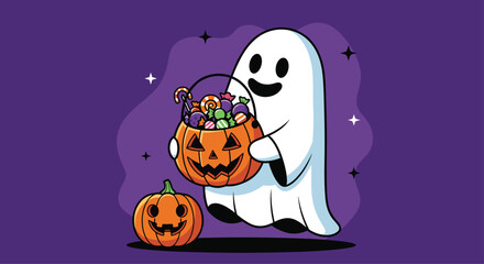 Spooky season fun with this cute ghost holding a pumpkin bucket full of candy and jack-o'-lantern, perfect for Halloween cards and festive designs