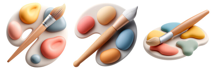 Creative Artistic Palette with Pastel Paints and Paintbrush in 3d Style