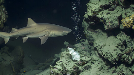 Shark swimming in underwater cave