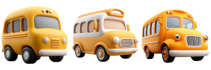 Three Stylized 3d Yellow School Buses on Transparent Background