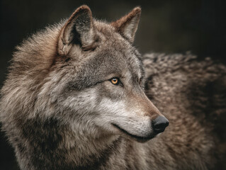 Fototapeta premium Profile view of a majestic wild wolf with thick fur and piercing amber eyes against a dark blurred natural background in a detailed wildlife portrait