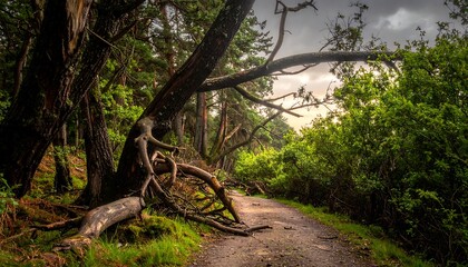 A path winds through a forest, under a canopy of trees, and dappled sunlight
