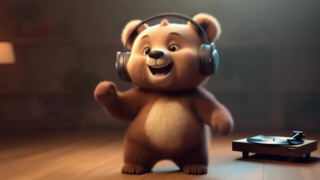 A cute bear is dancing while listening to a song with a headset on.