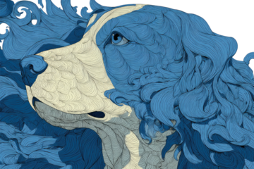 Blue stylized dog portrait, side view, flowing lines depict fur and detail