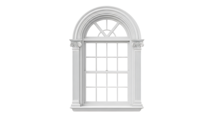 Elegant white arched window with decorative molding and columns, isolated on transparent background
