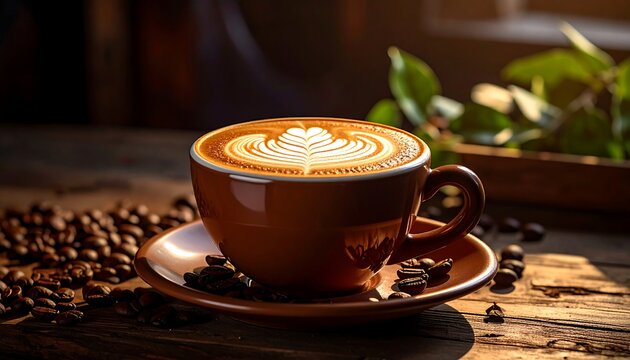 A perfectly poured coffee latte with latte art, brown cup on wood