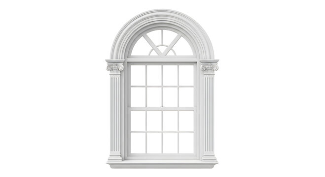 Elegant white arched window with decorative molding and columns, isolated on transparent background