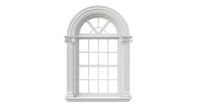 Elegant white arched window with decorative molding and columns, isolated on transparent background - Powered by Adobe