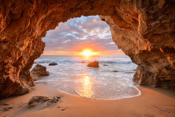 Stunning view of a golden sun setting over the ocean as seen from inside a rocky coastal cave with sandy beach and scattered sea rocks in the foreground
