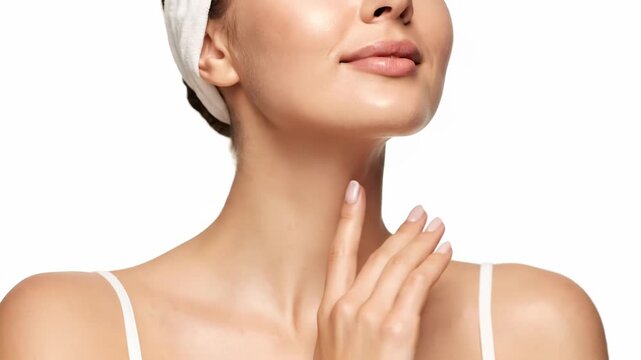 Closeup of a womans neck and chin with a hand gently touching her skin, isolated on white background vector illustration