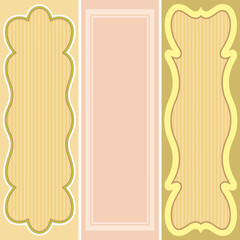 Three vertical decorative frames with striped backgrounds in pastel yellow and peach border