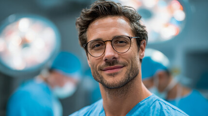 Confident young male surgeon wearing glasses and blue scrubs smiling in a busy operating room with medical team working in the background under bright surgical lights