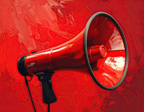 Vibrant Red Megaphone on Abstract Textured Backdrop with High Contrast and Pixelated Effect Illustration against Bold Background