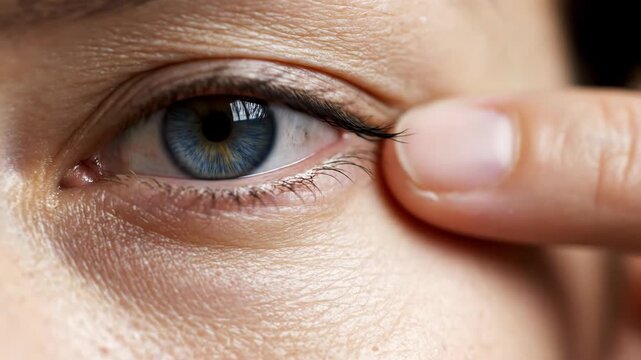 Extreme closeup of a blue eye with wrinkles, a finger gently touching the lower eyelid vector illustration